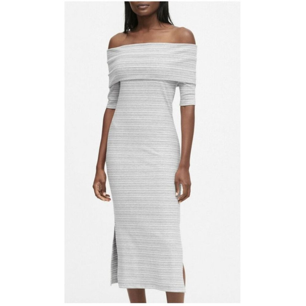 Banana Republic Off-the-Shoulder NWT Gray White Ribbed Midi Dress $128 Stretch